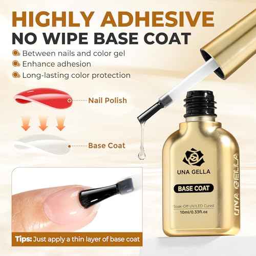 UNA GELLA No Wipe 2PCS Gel Top Coat Base Coat Set, Highly Glossy Top Coat Gel Nail Polish Strengthen and Acid-Free Clear Nail Base Soak Off, Key to Manicure for Her (U V Cure Need)