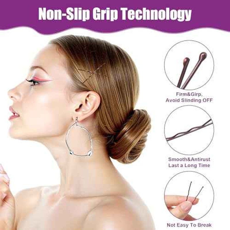 300 Pack Brown bobby pins for women, 4 Assorted Sizes of Large and Small Premium Bobby Pins + U Shaped Hair Pins for Buns, Updo Style - Non Slip Secure Hold(Brown)