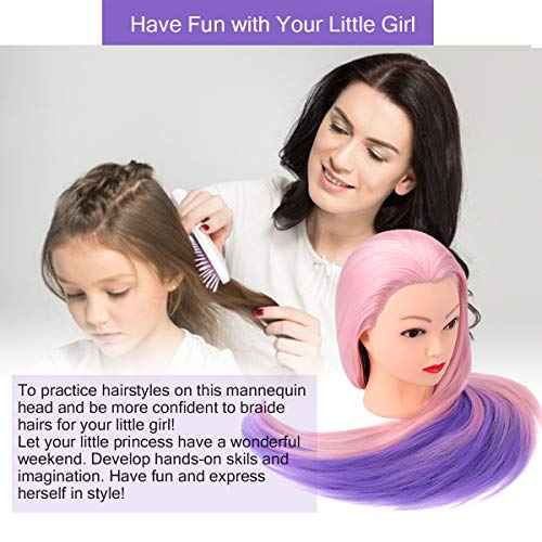 TopDirect 29" Mannequin Head with Hair,Doll Head for Cosmetology Hair Styling Training Head,Manikin Braiding Head With Clamp Holder and Styling Tools (Pink Purple)