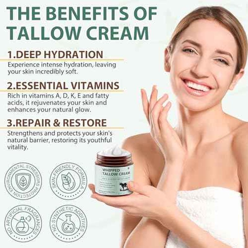 Beef Tallow for Skin, 4.2oz Tallow and Honey Balm, Face Moisturizer and Nourishes Body, Grass Fed Whipped Beef Honey Cream Reduces Irritation Skin and Sensitivity