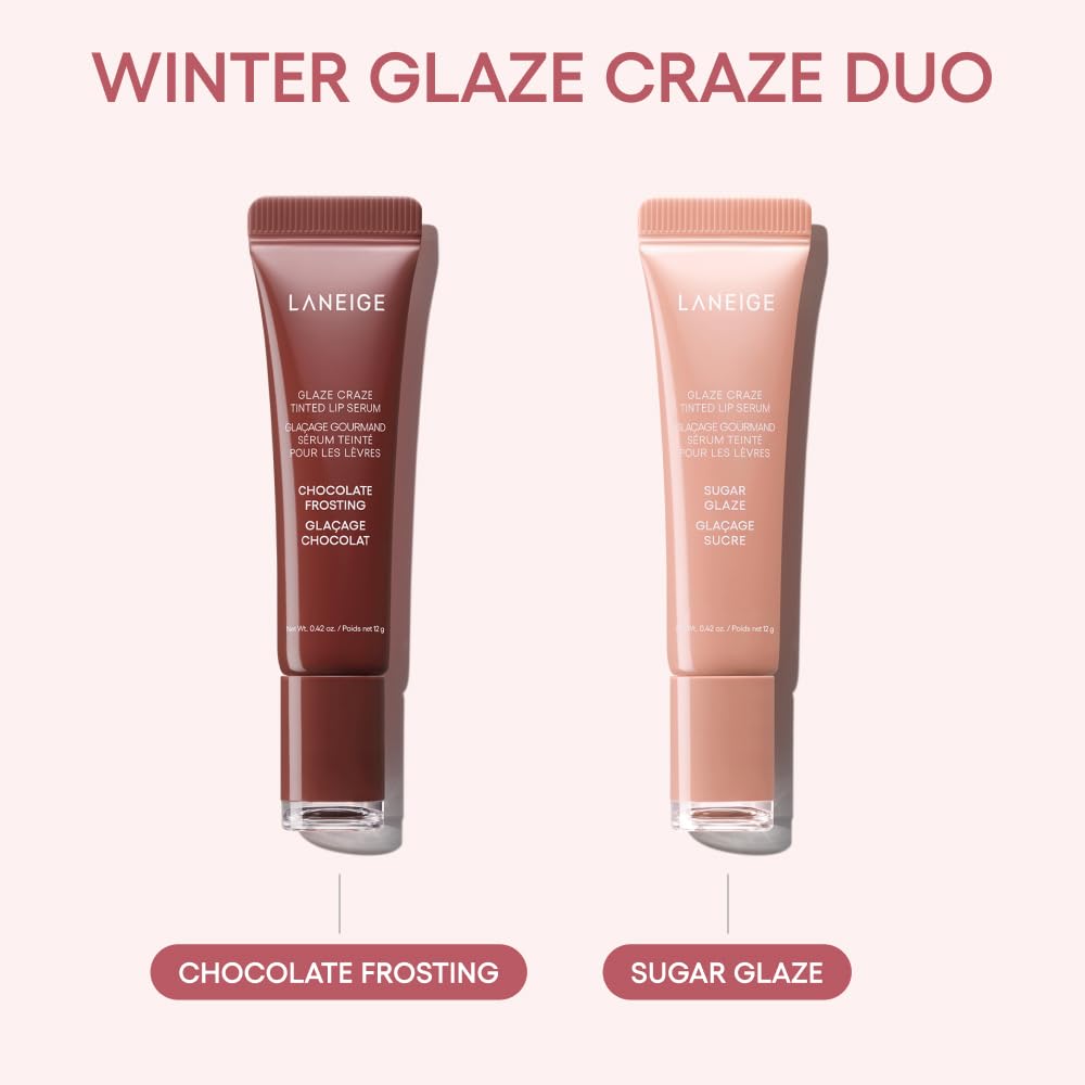 LANEIGE Winter Glaze Craze Duo: Serum-Infused Lip Tints for Plumping Hydration & Shine in Sugar Glaze and Chocolate Frosting Donut Shades