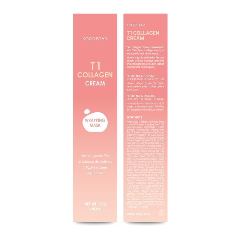 T1 Collagen Cream Wrapping Peel-off Mask | Improves Skin Elasticity and Hydrates Skin, Patented 65% Type 1 Biofilm Collagen Formula, Korean Skin Care, 1.94 fl oz.