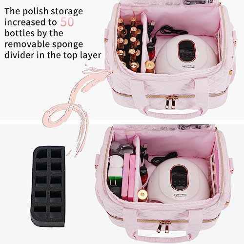 Nail Polish Organizer Case,Nail Storage Organizer Holds Nail Lamp & 50 Bottles Nail Polish,Travel Nail Tech Case,Nail Kit Organizer Bag Fits Nail Supplies & Manicure Tools,Pink (Patented)