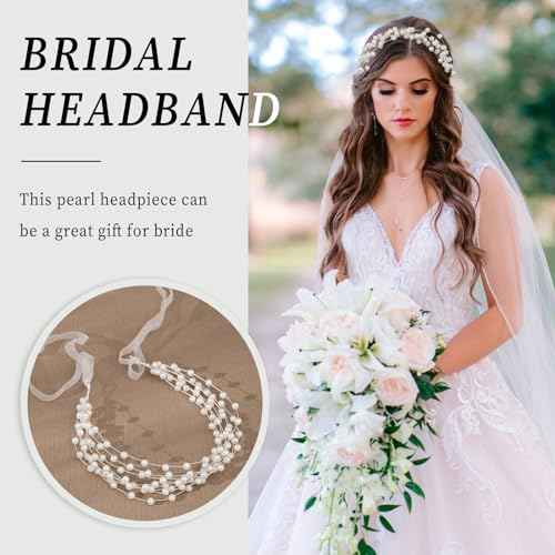 White Pearl Headpiece Elegant Bridal Headband Layered Ribbons Wedding Crown Circlet Multi-Layer Beaded Princess Hair Accessories for Bride Bridesmaid Flower Girl