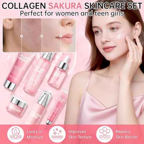 Collagen Sakura Skincare Gift Set, Cherry Blossom Skin Care Set for Teen Girls & Women, Moisturizing & Revitalizing Skin, 6Pcs Collagen Skin Care Routine Kits for Face, Korean Daily Skin Care
