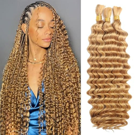Human Braiding Hair for Boho Braids, Deep Wave Bulk Boho Braids Human Hair for Knotless Curly Bohemian Water Wave Braiding 110g 18 Inch Caramel Blonde (3 No Weft Bundles/Pack)