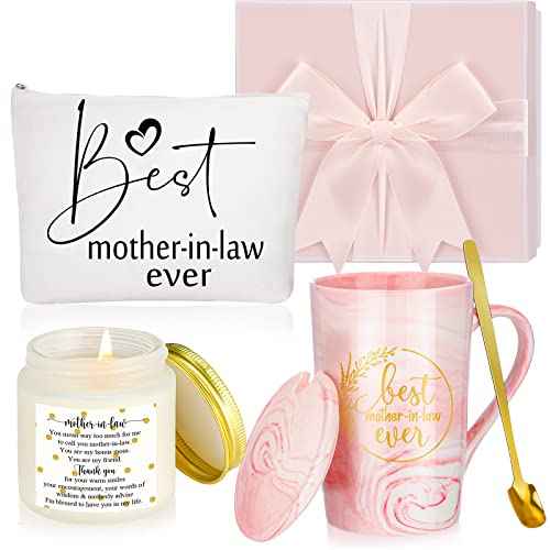 Lallisa 4 Pcs Best Mother-in-Law Ever Gift Box Coffee Mug Lavender Scented Candles Makeup Bags for Mother's Day Birthday Gifts from Daughter-in-Law Son-in-Law