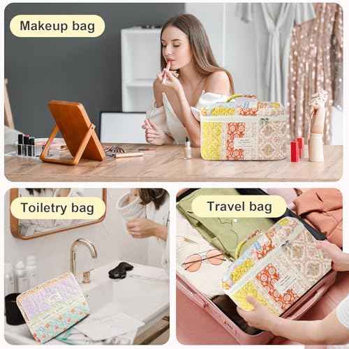3Pcs Makeup Bag Cotton Quilted Travel Cosmetic Bag Cute Floral Makeup Pouch Large Toiletry Bag for Women Girls (Flower stitching)