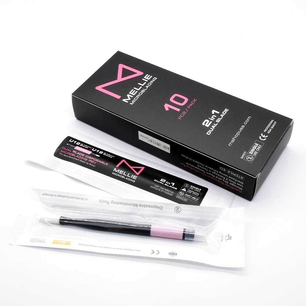 Mellie Microblading Disposable Pen - 2-in-1 Sterilized Blade & Pigment Sponge | Comfortable Grip, 10-Pack