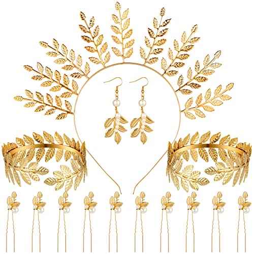 WILLBOND 15 Pieces Greek Goddess Costume Accessories Women Toga Golden Leaves Bridal Crown Headband Bracelet Pearl Earrings and Hair Pins