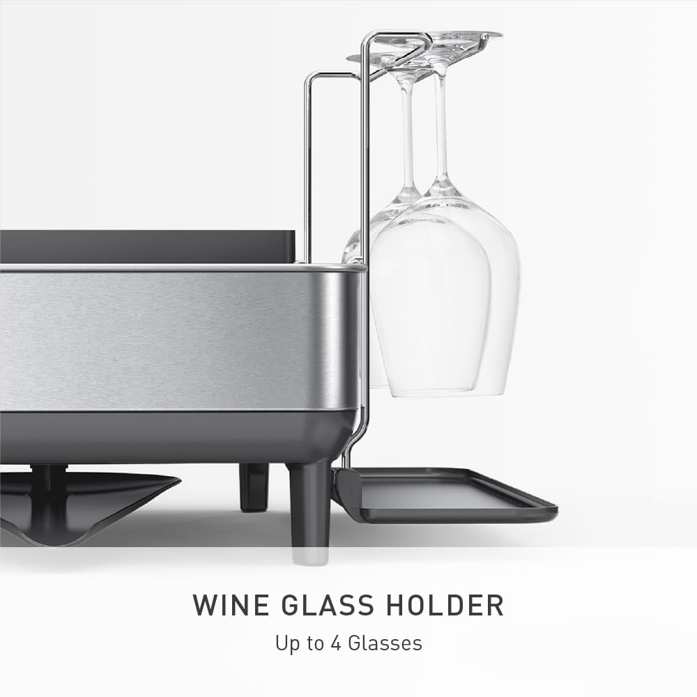 simplehuman Steel Frame Dishrack, Large Capacity Dish Drying Rack, 360º Easy Drain Swivel Spout, Utensil & Wine Glass Holder, Anti-Residue Coating, Moisture Control Surface, Brushed Stainless Steel