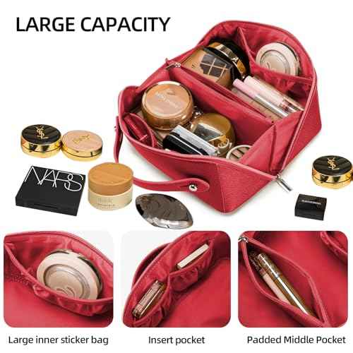 ROYALFAIR Travel Makeup Bag,Large Capacity Cosmetic Bags for Women, PU Leather Waterproof Portable Pouch Open Flat Toiletry Bag Make up Organizer with Divider and Handle (red)