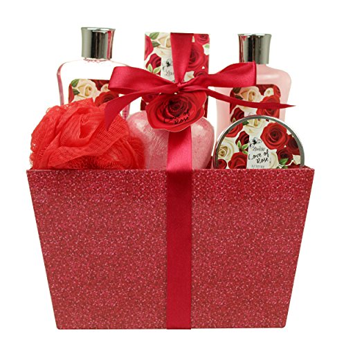 Mothers Day Gifts, Spa Baskets for Women Bath and Body Basket for Women, Includes Love of Rose Shower Gel, Bubble Bath, Body Lotion, Bath Salt, Red Bath Puff and Heart Bath Bomb