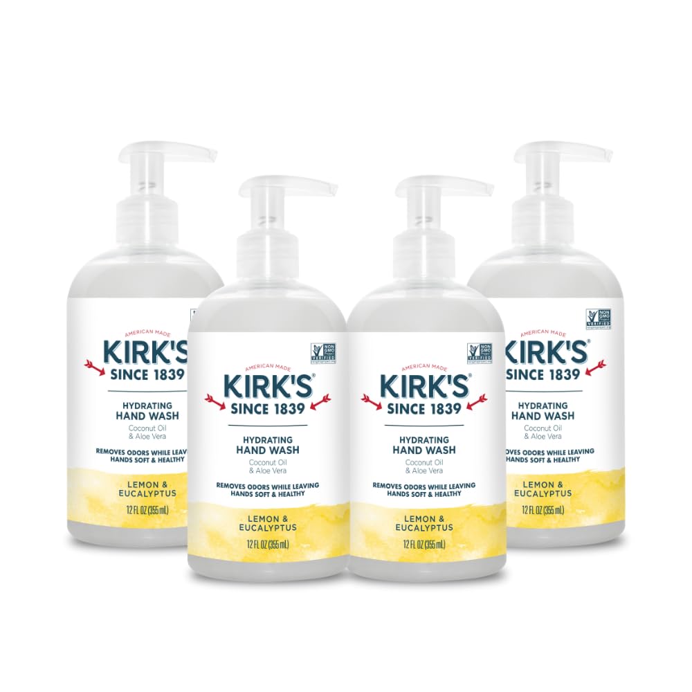 Kirk's Hydrating Hand Wash - Coconut Oil & Aloe Vera Formula | Odor Neutralizing, Vegan, 12 Fl Oz (4 Pack)