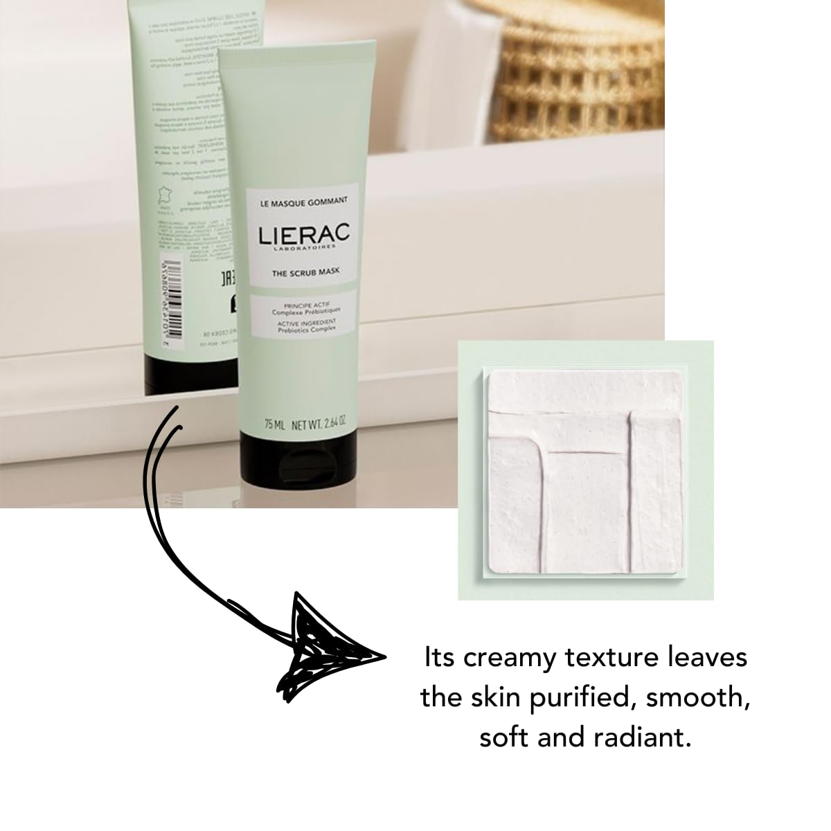 Lierac DEMAQUILLANT The Scrub Mask - Exfoliating Face Wash with Marine Prebiotic Complex, Kaolin - Smoothing Facial Scrub for All Skin Types - 75 ml
