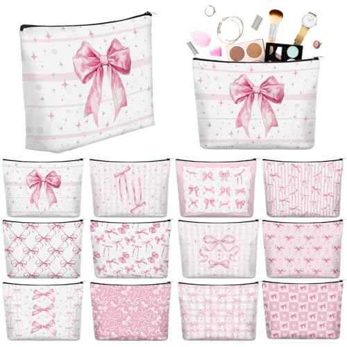 Reginary 12 Pcs Pink Bow Makeup Bags Coquette Bow Cosmetic Bags with Zippers Coquette Party Favors Pink Aesthetic Elegant Pouch Bulk Gifts for Women Stuff Christmas Birthday Supplies Travel Accessory