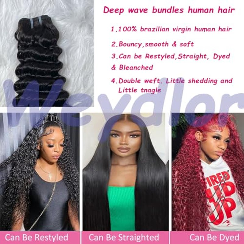 12A Deep Wave Human Hair Bundles Deep Curly Bundles Human Hair 100% Unprocessed 1 Bundle Brazilian Virgin Human Hair Extensions Quick Weave Natural Black Color (deep bundles, 20)