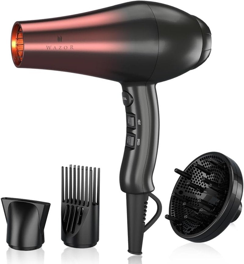 Professional 1875W Hair Dryer - Lightweight Ionic Blow Dryer with 2 Speed & 3 Heat Settings | Includes Diffuser, Concentrator & Comb (Black)