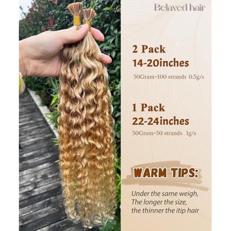 27P613 Curly I Tip Hair Extensions Human Hair Water Wave Cold Fusion Itip Flawless Microlinks Hair Extensions Invisible Blends Naturally Individual Strands for Black Women 50G Brown to Blonde 20inch