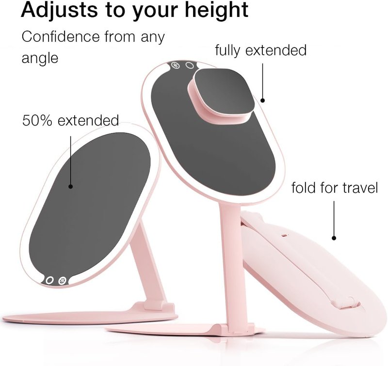 LED Portable Makeup Mirror - Rechargeable with 3 Color Light Settings & 10x Magnification | Ultra Slim Travel Vanity Mirror (Pink)