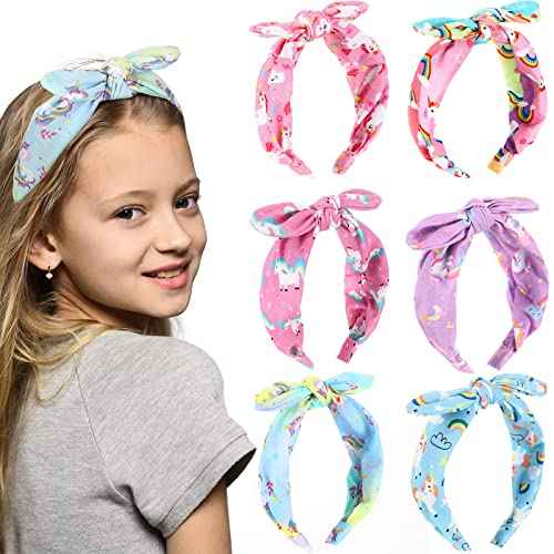 Jexine 6 Pcs Unicorn Headband for Girls, Bow Knot Headbands, Rainbow Hair Bands for Girls 4-6 Comfortable Cute Hair Accessories for Kids Party Favors