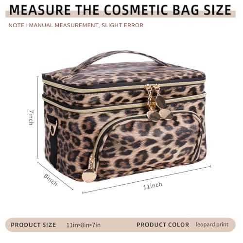 FITINI Double Layer Travel Leopard Makeup Bag,Extra Large Women Cosmetic Organizer Case,Skin Care Essentials Toiletries Bags with Shoulder Strap Waterproof Brush Storage with Removable Dividers