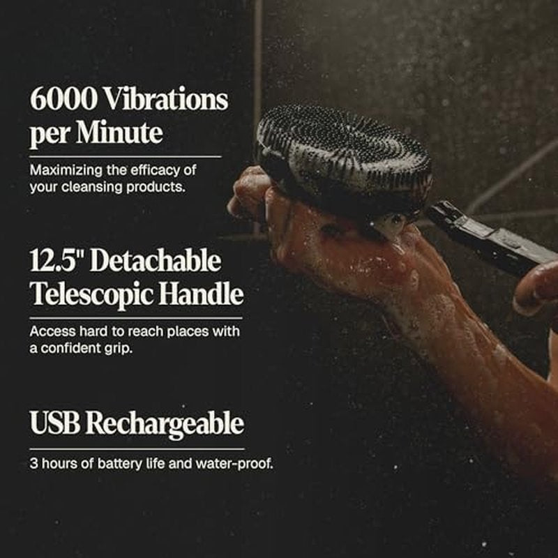 Black Wolf Body Wash & Sonic Scrubber Pro Kit for Men - Vibrating Face & Body Brush with Charcoal Powder Shower Gel, Water Resistant Massage Brush & Salicylic Acid Body Wash, Rich Lather & Deep Clean