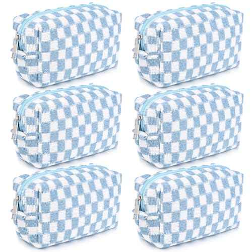 SOIDRAM Checkered Makeup Bag Preppy Cosmetic Bag Bulk Blue Makeup Pouch Personalize Travel Toiletry Bag Organizer Cute DIY Makeup Brushes Storage Bag for Women