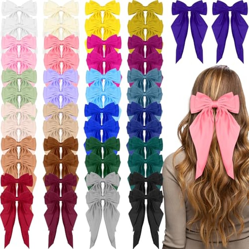 Mimorou 50 Pack Big Hair Bows Bulk Silky Satin Oversized Hair Bows for Women Bow Hair Clips Large Hair Ribbons Long Tail Large Hair Barrettes Hair Accessories Gifts