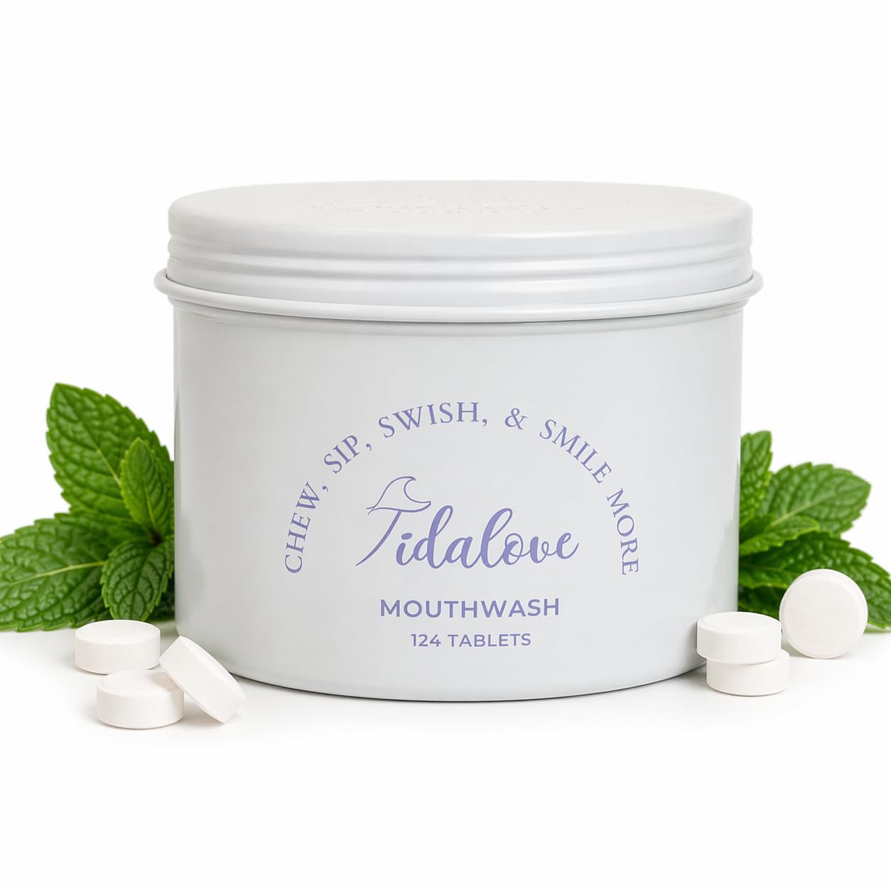 Tidalove Mouthwash Tablets - Alcohol-Free, Eco-Friendly, Travel-Friendly, with Nano-HA & Green Tea for Fresh Breath and Enamel Protection - 124 Tablets (Tin)