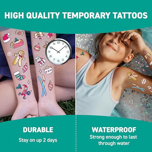 Omy Christmas Temporary Tattoos for Kids - 50 Festive, Colorful Designs with Santa, Gifts, and Snowflakes | Easy to Apply, Safe & Long-Lasting | Age 3 and Up