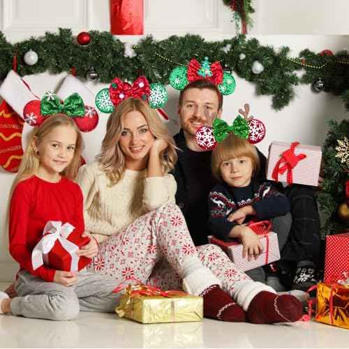 Christmas Headband Mouse Ears Bow Headbands,Sequin Snowflakes Christmas Tree Elk Headbands Hair Accessories for Christmas Cosplay Party Favors(4 PCS)