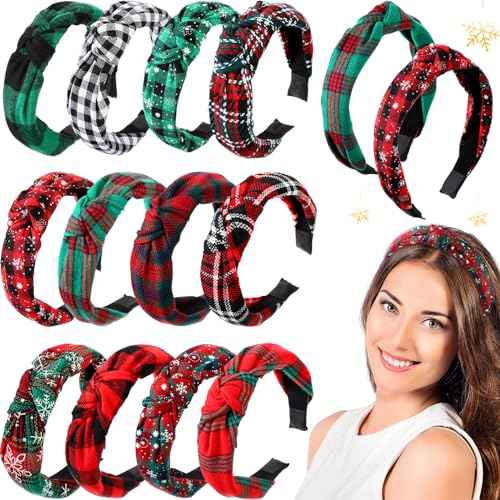 Yilloog 12 Pcs Christmas Knotted Retro Hair Band Snowflake Buffalo Plaid Headband Green Red for Women Wide Accessories Holiday Hoop Hairband for Yoga Run Work