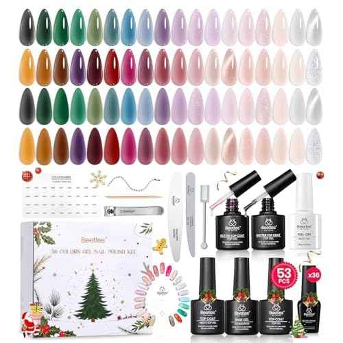 Beetles Frostglaze Veil Jelly Gel Nail Polish Set, 53PCS 36 Colors Christmas Gel Nail Kit Nude Pink Milky White Red Black Blue Green Silver Cat Eye Base Glitter Glossy Matte Top Coat Gift for Women