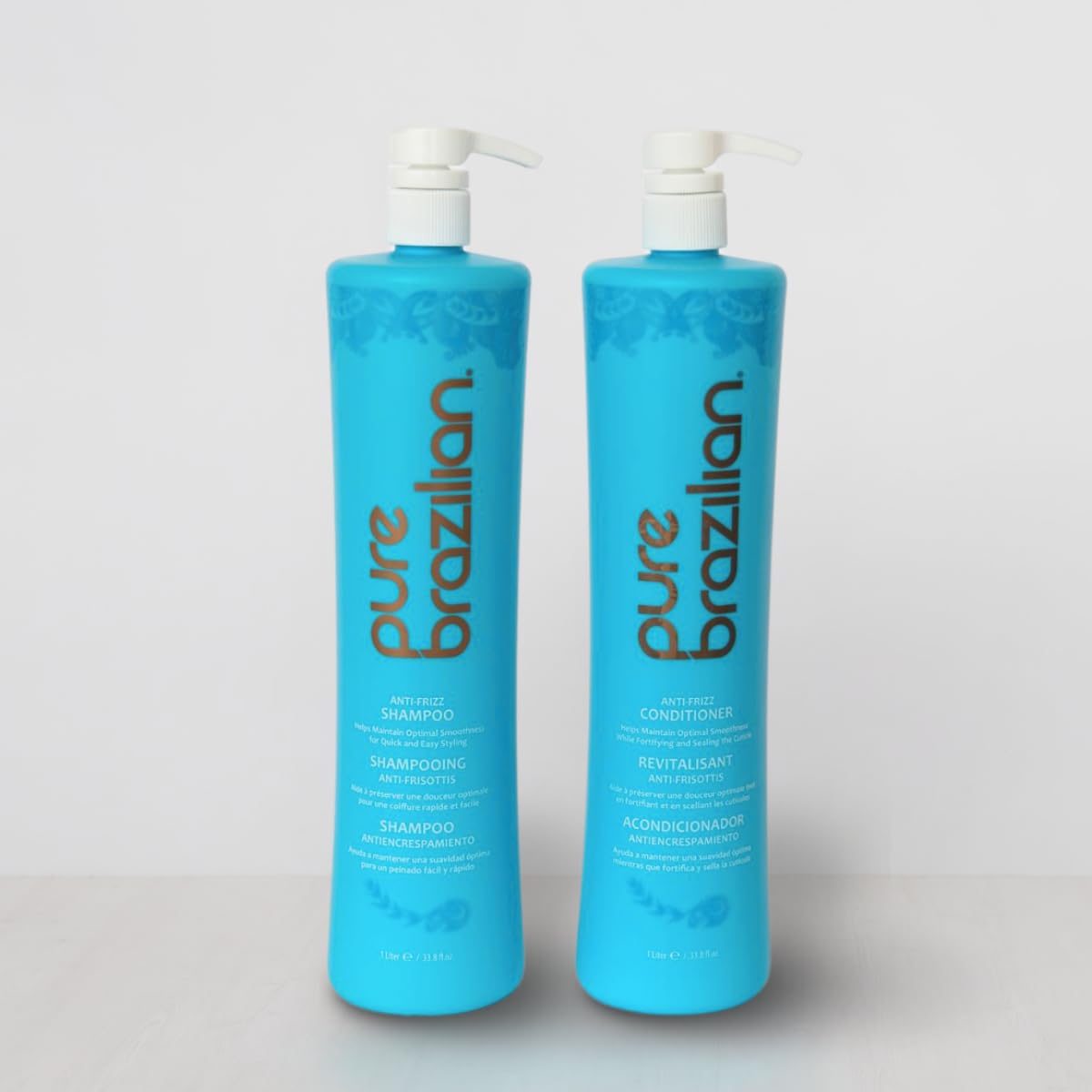 Pure Brazilian Anti-Frizz Daily Shampoo & Conditioner, Salt-Free & Color Safe, Enriched with Keratin, Argan Oil & Acai, 1 Liter (33.8 Fl Oz)