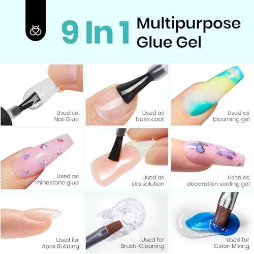 Beetles 9 in 1 Nail Glue Gel for Nail Tips and Clear Acrylic Nails Long Lasting, Curing Needed UV Extension Glue for False Nail Tips and Press on Nails, Christmas Nail Art