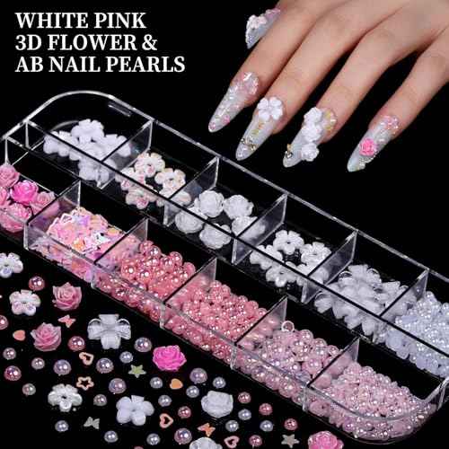 FANDAMEI Nail Charms, Nail Rhinestones Kit with 8 Boxes of Nail Gems, 3D Charms for Nails, Colorful Clear Flatback Rhinestones, Multi Shape Pearls Jewels Crystals for Craft