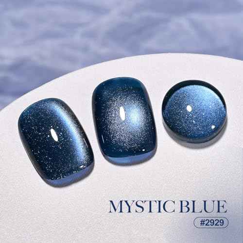 GAOY 16ml Deep Blue Cat Eye Gel Nail Polish, Glitter Holographic Nail Polish with Magnet, Reflective Translucent UV Gel, 2929 Mystic Blue