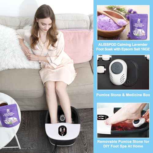 Foot Spa Bath Massager with Heat Bubbles and Vibration Massage and Jets, 16 OZ Calming Lavender Foot Soak Epsom Salt, Foot Soaker with Red Light, 22 Massage Rollers, Adjustable Temp - Black