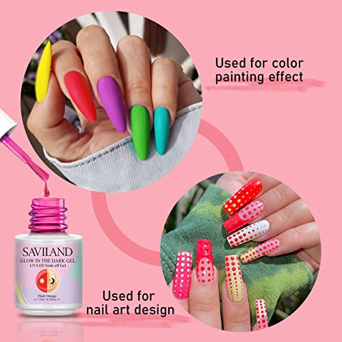 SAVILAND Glows in The Dark Gel Nail Polish Set - 12 Halloween Colors Luminous Neon Nail Gel Polish Set Soak off U V/LED Glow Effect Nail Polish for DIY Nail Art Design Holiday Gifts for Women