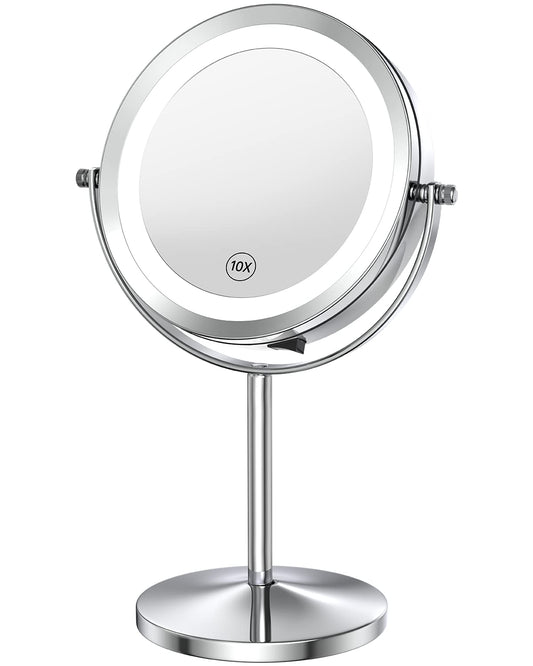 Benbilry 10X Magnifying Lighted Makeup Mirror, 7 Inch Double Sided 1X/10X Magnification with Lights, 360° Rotation Swivel Travel Make Up Mirror with Lighting, Battery Operated