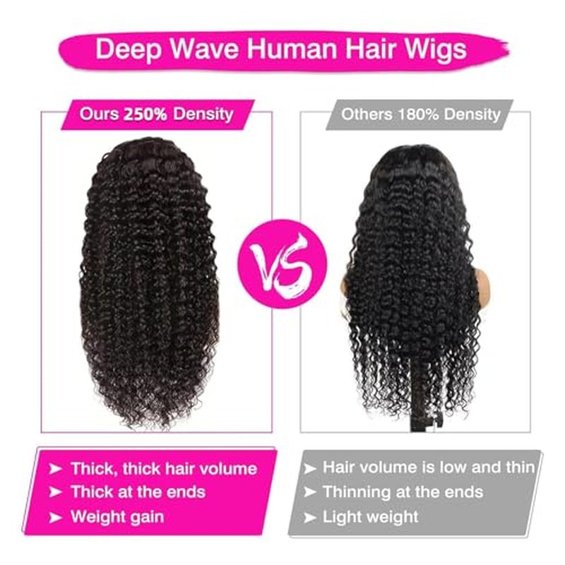 12 Inch Deep Wave Lace Front Wigs Human Hair 250 Density 13x6 HD Lace Frontal Wigs Human Hair Pre Plucked Deep Curly Glueless Wigs for Women