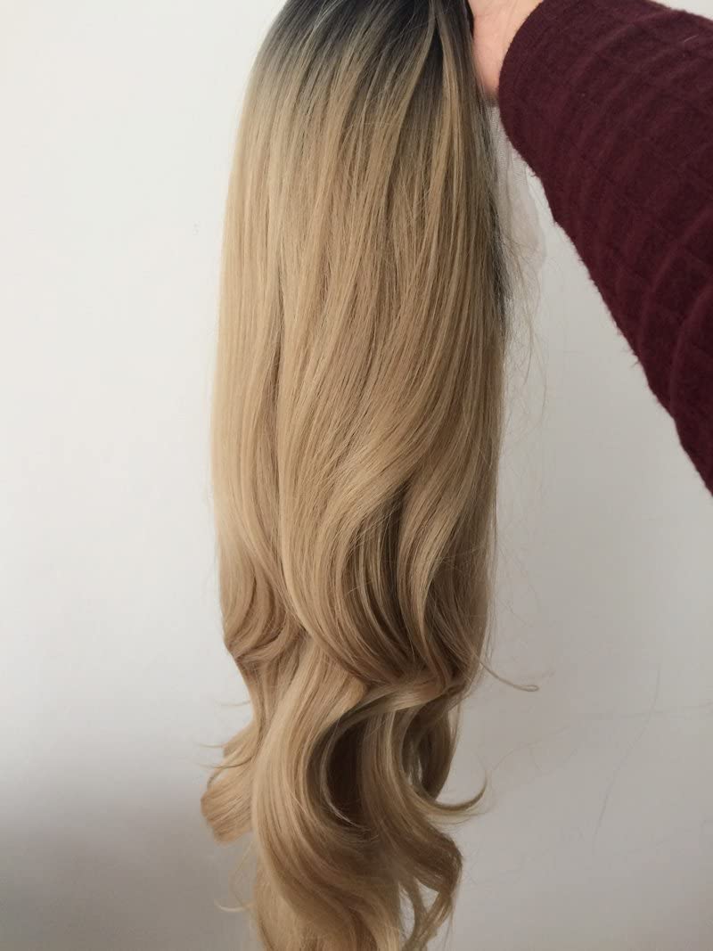 xiweiya Long Natural Wave Ombre Brown Blonde Synthetic Lace Front Wigs with Brown Roots 2 Tones Side Part Wig Heat Resistant Fiber Hair Wigs For Women Replacement Everyday Wigs 24"(Blonde)