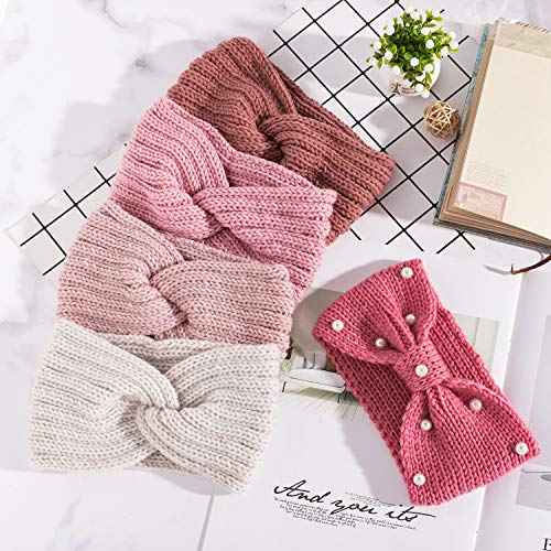 Whaline 5 Pieces Winter Knit Headbands Chunky Knit Headbands,4 Elastic Turban Head Wraps and 1 Pearl Crochet Hair Band, Ear Warmer Crochet Head Wraps for Women Girls (Pink Colors)