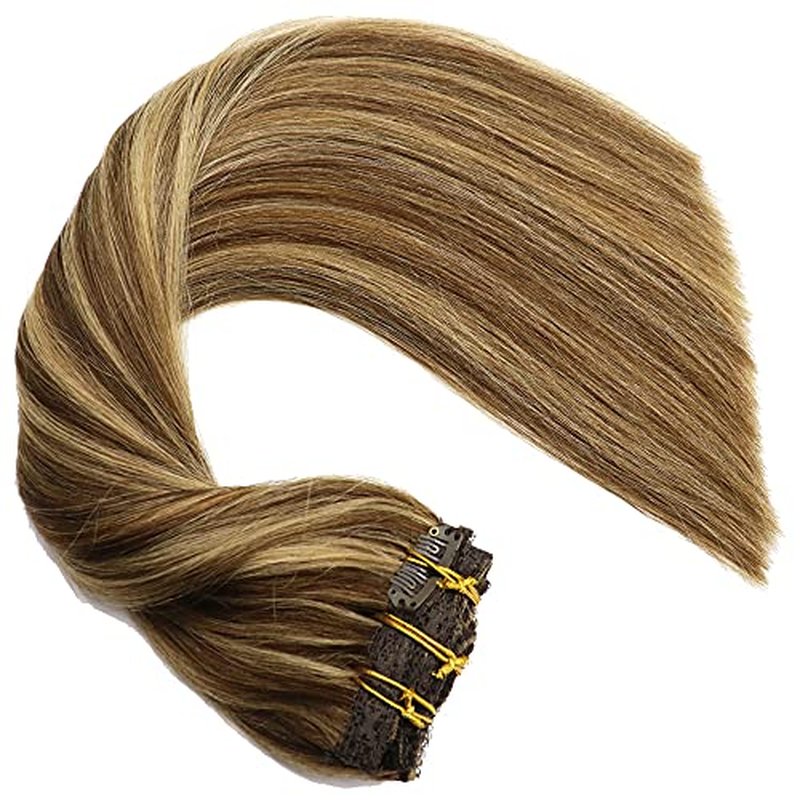 Human Hair Lace Clip In Hair Extensions Thick Ends Highlights Piano Color Chocolate Brown/Strawberry Blonde 16inch 100g Remy Hair Extensions