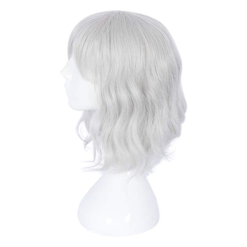 Filuckyve 14" Women Short Bob Wig with Bangs Curly Wavy Harajuku Synthetic Cute Daily Halloween Party Cosplay Hair(silver)