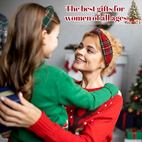 Yilloog 2pcs Christmas Headbands for Women Knotted Buffalo Plaid Hairband Fashionable Wide Top Knot Hair Bands Hair Accessories for Xmas Gifts