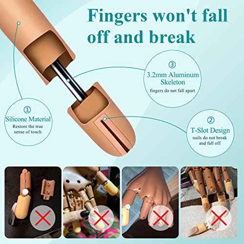 Practice Hand for Acrylic Nails, Nail Tips Never Fall Off Nail Practice Hands, Fingers Never Break Fake Hand for Nail Practice, Fexible Nail Hand Practice Mannequin Hand with 200 Pcs Nail Tips