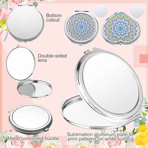 Jetec 6 Pcs Sublimation Blanks Products Small Compact Mirror Bulk Heat Transfer Folding Pocket Makeup Mirror Heart Round Double Sided Handheld Mirror Sublimation Mirror for Women Gift Purse Travel