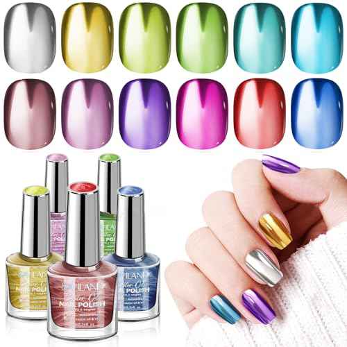 SAVILAND Metallic Nail Polish with Base and Top Coat: Chrome Nail Polish Set 12+2 Colors Mirror Glitter Holographic Silver Pink Quick-Dry Nail Polish for Fingernail French Manicure Art DIY Gift